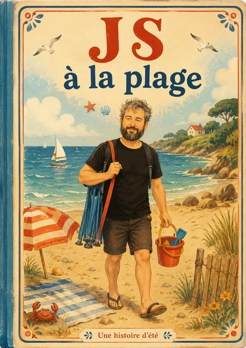 Illustration rétro intitulée « JS à la plage — Une histoire d’été » : un homme barbu portant une chaise de plage et un seau sur une plage ensoleillée.